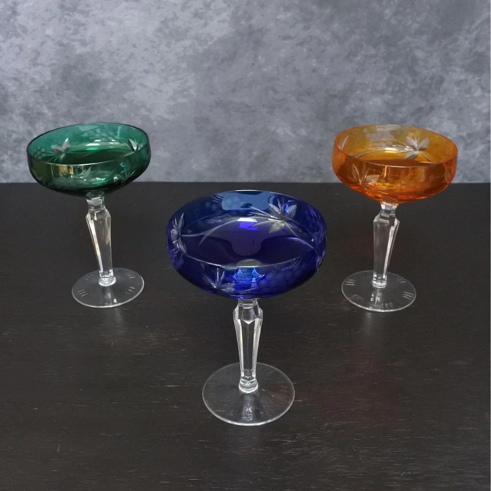 Vintage Crystal Cut To Clear Colorful Champagne Coupe Glasses Set